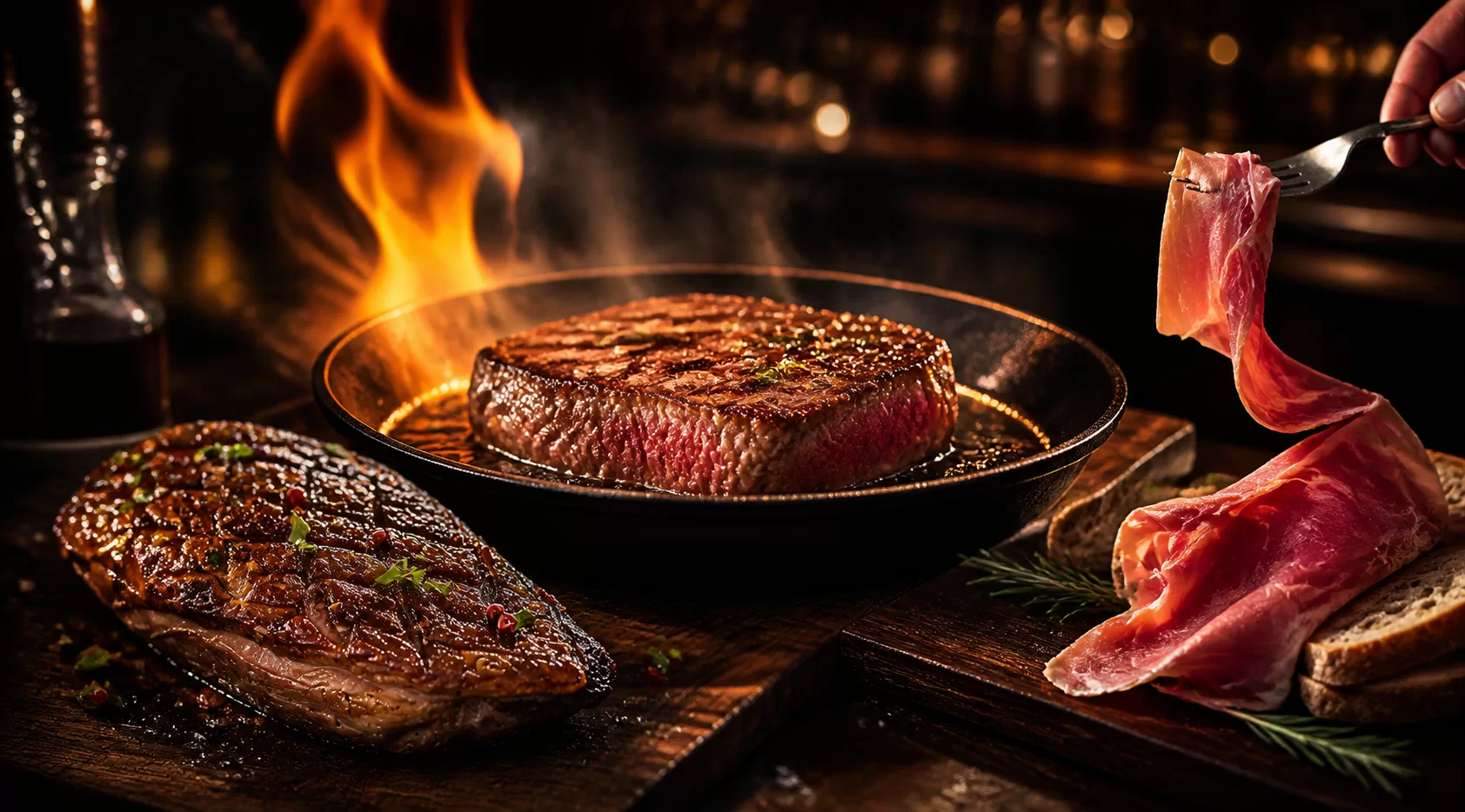炎で焼き上げる肉、生ハム、香ばしく焼いた肉料理を組み合わせたイメージ