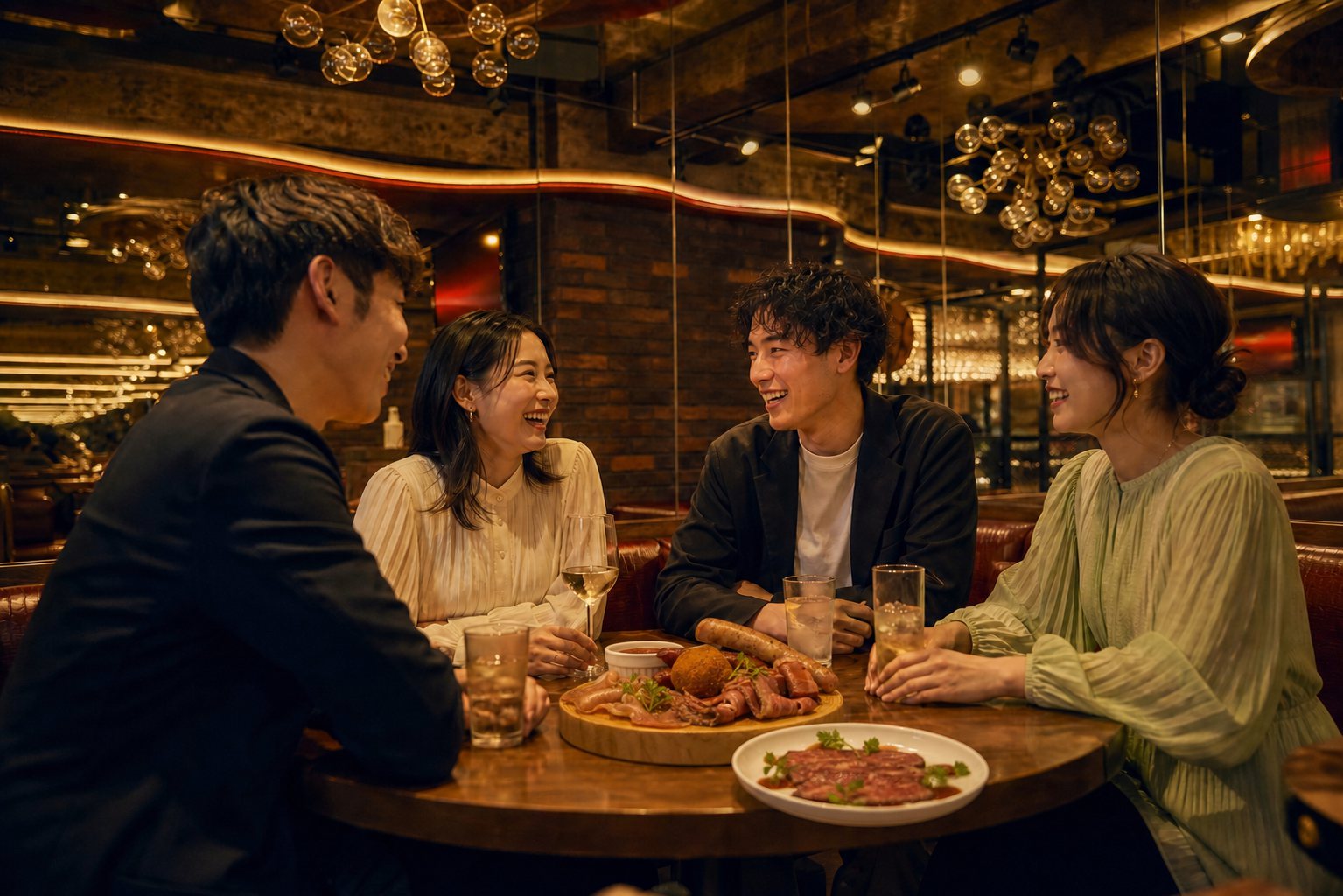 同じテーブルを囲み会話を楽しむ男女